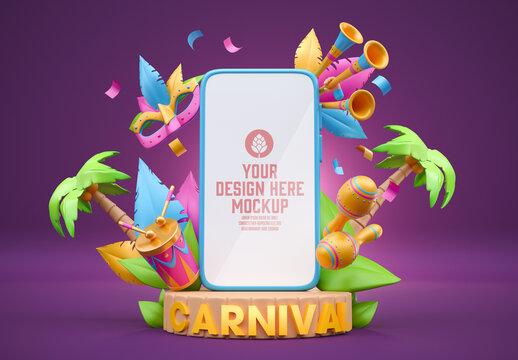 Mobile Screen with Carnival ornaments Mockup