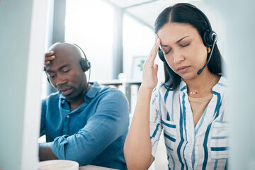 Headache, tired and call center employees with stress, burnout and anxiety from telemarketing....