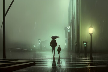 Lonely young couple walking in the rain. City streets on a rainy night. Street lights reflected on wet asphalt. Concept of relationship and circumstances. Digital illustration. CG Artwork Background