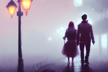 Lonely young couple walking in the rain. City streets on a rainy night. Street lights reflected on wet asphalt. Concept of relationship and circumstances. Digital illustration. CG Artwork Background