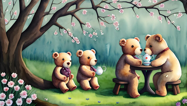 bears in the forest taking a tea generative AI illustration