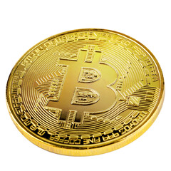 Gold bitcoin physical isolated on a transparent background.