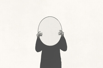 Illustration of person holding round shape mirror, illusion absence concept - 569504760
