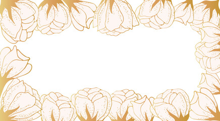 Golden floral art background with space for text. Luxury wallpaper on the side with white flowers, leaves and branches on the side. Hand drawing. Elegant botanical design for banner, invitation, 