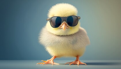 Funny small yellow chick wearing sunglasses on colorful background. Generative AI