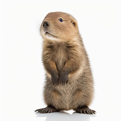 Full length portrait of a adorable baby beaver standing isolated on white background. Floor with reflection. Generative AI - obrazy, fototapety, plakaty
