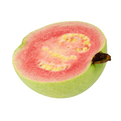 Guava is a tropical fruit with pink juicy flesh and a strong sweet aroma with leaf on a transparent background
