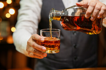 Bartender Serve Whiskey, on wood bar, 