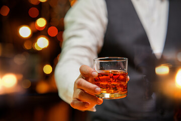 Bartender Serve Whiskey, on wood bar, 