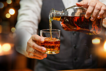 Bartender Serve Whiskey, on wood bar, 
