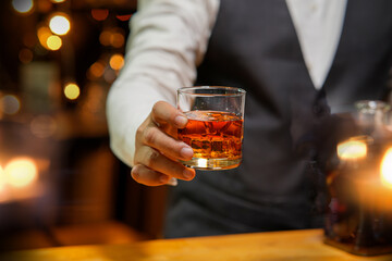 Bartender Serve Whiskey, on wood bar, 