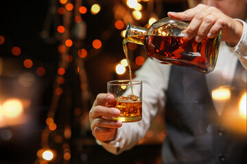 Bartender Serve Whiskey, on wood bar, 