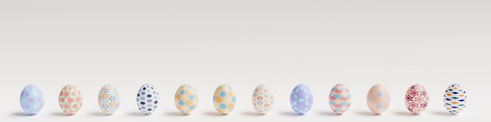 an array of beautifully patterned easter eggs on white background 