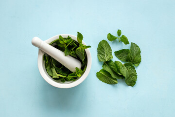 White mortar with fresh green mint leaves. Aroma herbs background