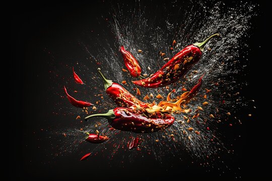 red chili pepper exploding with powder over black background illustration generative ai
