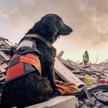 Rescue dog on the rubble of a devastated city following a catastrophic earthquake. Generative AI