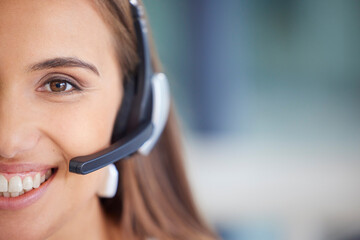 Call center woman face and consultant, telemarketing agent or virtual assistant with customer services smile. Contact us, ecommerce technical support and person portrait for business crm consulting