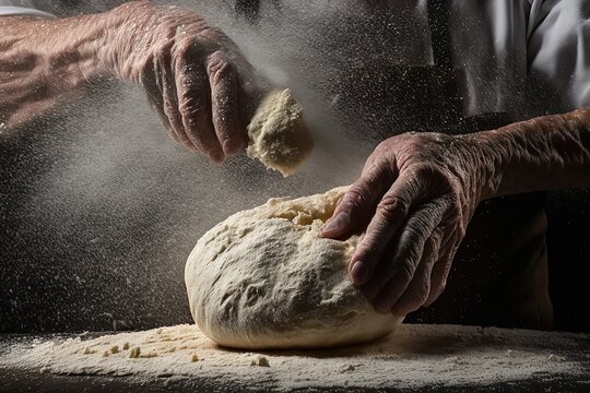 Man Preparing Bread Dough On Wooden Table In A Bakery Close Up Old Man Kneading Dough, Making Bread Using Traditional Recipe, Isolated On Black Background Illustration Generative Ai