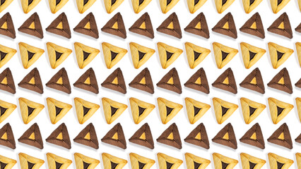 Seamless pattern with traditional cookies Hamantaschen for Jewish holiday Purim on white background.