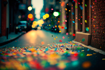 Multicolored festive confetti falling on the street. Blurred background. Generative AI