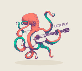 Octopus. Vector illustration of colored octopus playing guitar, hand drawn, vintage illustration