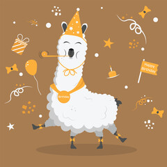 Cute funny holiday lama cartoon alpaca birthday boy mascot. LLama animal hand drawn vector
