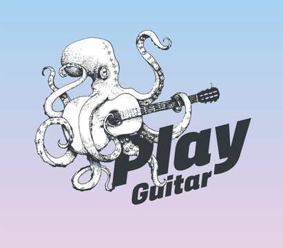 Black and white Octopus playing guitar on gradient background for poster designs and restaurant identities. Cool and modern hand drawn vector illustration isolated on colorful background.