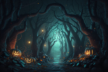 Night Magic Fantasy Forest AI Generative Art - Dark Landscape with Pumpkins, Neon, and Magic Lights