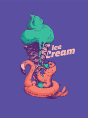 Seal licking a giant pistachio ice cream in inflatable flamingo air mattress vector illustration. Sea dog eating a huge, cold ice cream in the pool. Best for modern restaurant or bar designs. Purple