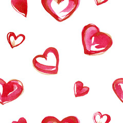 Romantic seamless pattern with watercolor pink hearts