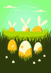 Set of Easter backgrounds. Spring morning meadow with easter bunny, basket with eggs.