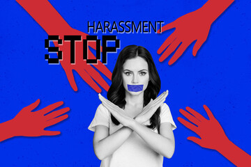Creative vibrant image collage of silent woman crossing hands fight for feminist right freedom stop...