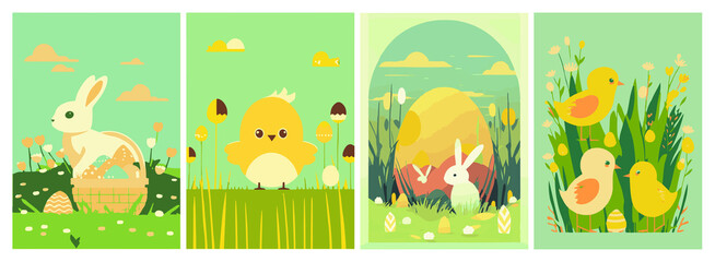 Set of Easter backgrounds. Spring morning meadow with easter bunny, basket with eggs.