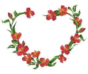 Wreath in the shape of a heart of white and red lilies