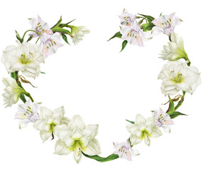 Fototapeta na wymiar Wreath in the shape of a heart of white and red lilies