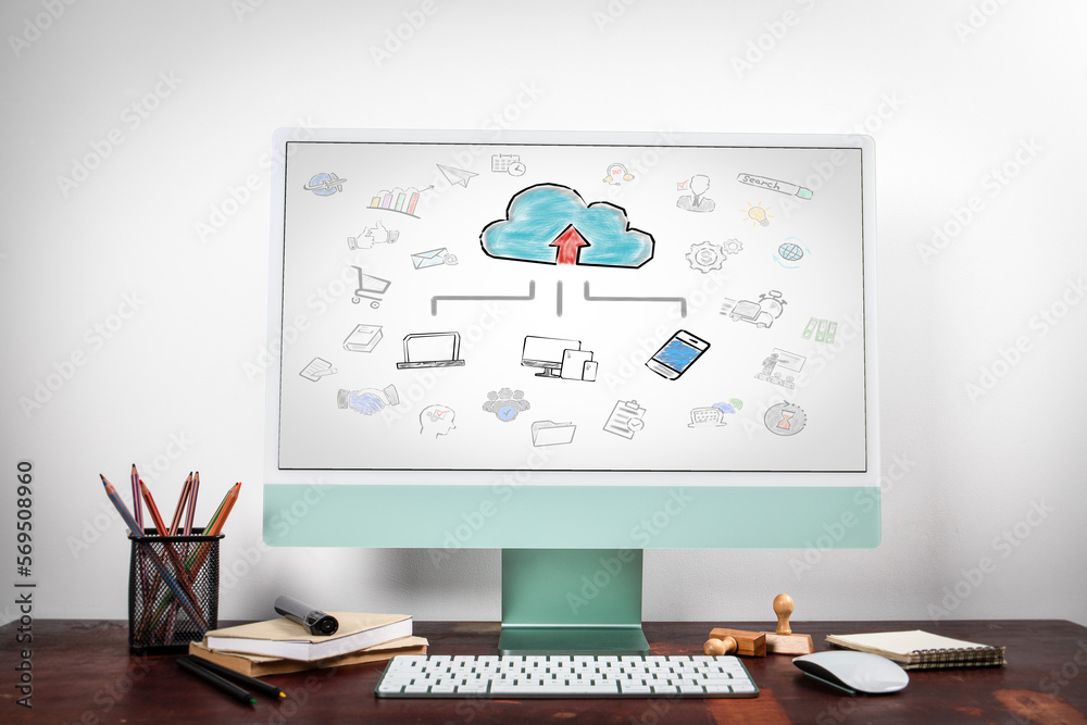 Wall mural cloud technology concept. chart with icons. computer on the office table