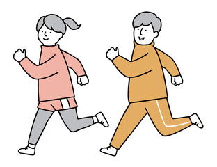 ランニングをする男女のイラスト素材　イエロー