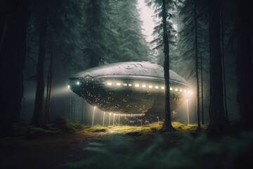 ufo in the dark forest hidding, made with generated ai