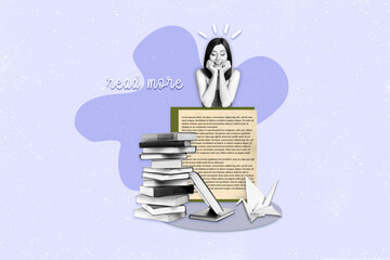 Creative advert poster template collage of shocked woman nerd geek enjoy pile paper book reading...