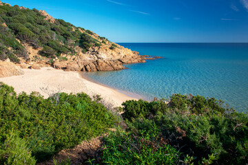 Del Morto bay with white sand, crystal clear water and Mediterranean scrub, Chia, Domus de Maria, Sardinia