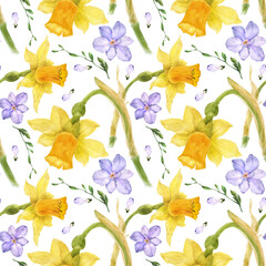 Spring seamless pattern of alstroemeria and daffodil flowers