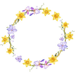 Spring wreath of daffodil and iris and alstroemeria flowers