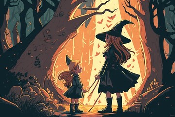 Digital art style, illustrative painting of a young girl and a witch interacting in a woodland. Generative AI