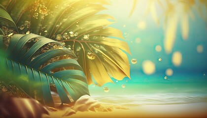 Fototapeta na wymiar Abstract background of blurred green palm leaves on a tropical beach with waves, featuring bokeh light and copy space for a summer vacation or business trip concept. The image has a vintage tone filte
