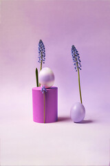 easter decoration in lilac tone, eggs and muscari flowers