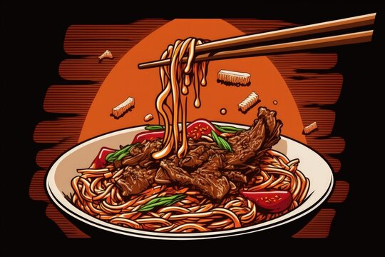 eating chinese beef lo mein with chopsticks. Generative AI