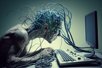 Man with wires coming from his head connected to computer. Social media or internet addiction mental health concept. Ai generated
