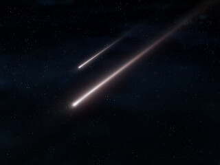 Meteor glowing trail. Bright falling star. Burning meteorite in the night sky.