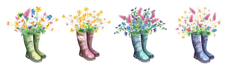 Wildflowers in rubber boots, summer bloom, mesdow, floral arrangement clipart
 Stock illustration. Hand painted in watercolor.