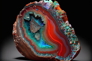 Fototapeta premium Background of natural volcanic agate stone texture, raw crystal. Fairburn agate colorful mineral rock. Pure quartz marble formation art. Orange, blue and cyan gemstone. Generative art